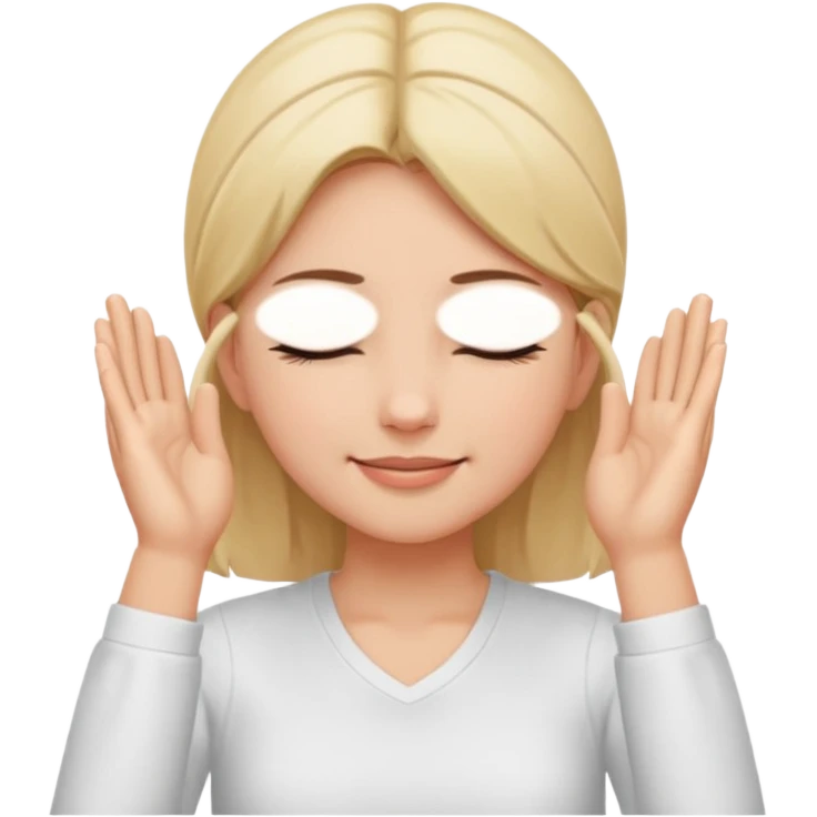 The girl with her eyes closed holds her temples with both hands and smiles slightly emoji