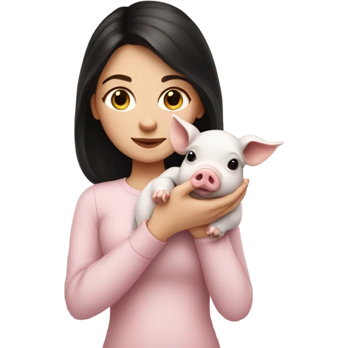 White girl with dark hair Holding a very tiny pig emoji