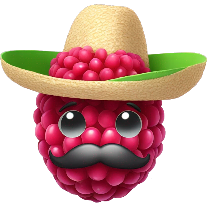 A raspberry with a big smile wearing a sombrero and a moustache  emoji