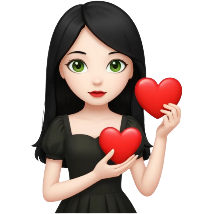 Pale girl with long black hair and olive green eyes wearing black dress and holding a heart emoji