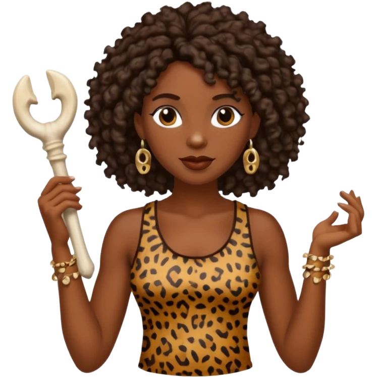 cavewoman with dark brown curly hair wearking animal print tank top and accessories emoji