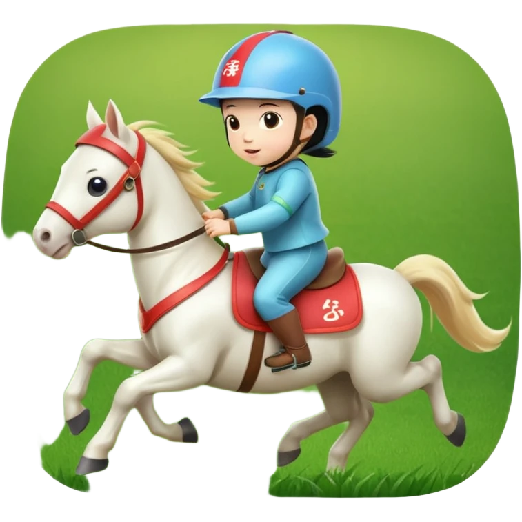 l little chinese baby riding on a  cute horse running really fast on the grass with 2026 year's label emoji