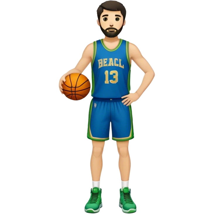 Full Body  white male basketball player with short shaggy dark hair and gold tee beard wearing blue and green uniform emoji