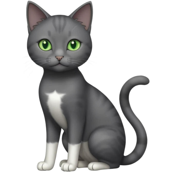 full body view of beautiful female solid dark grey cat with green eyes, grey face, white toes/paws and white patch on her chest emoji