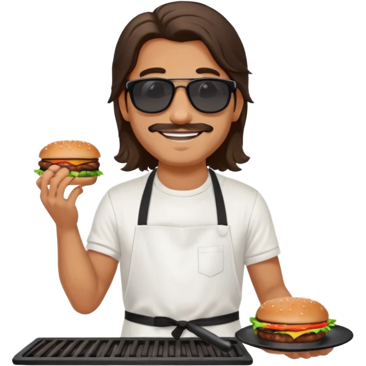 long hair man grilling wearing shade smiling in a white tshirt and a black apron grilling burger and meat on a sizzling grill emoji