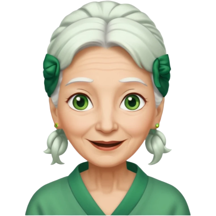 abuela con ojos verdes, pelo blanco, pelo blanco y amarrado, aspecto feliz, pelo blanco, no verde, solo verde los ojos emoji
