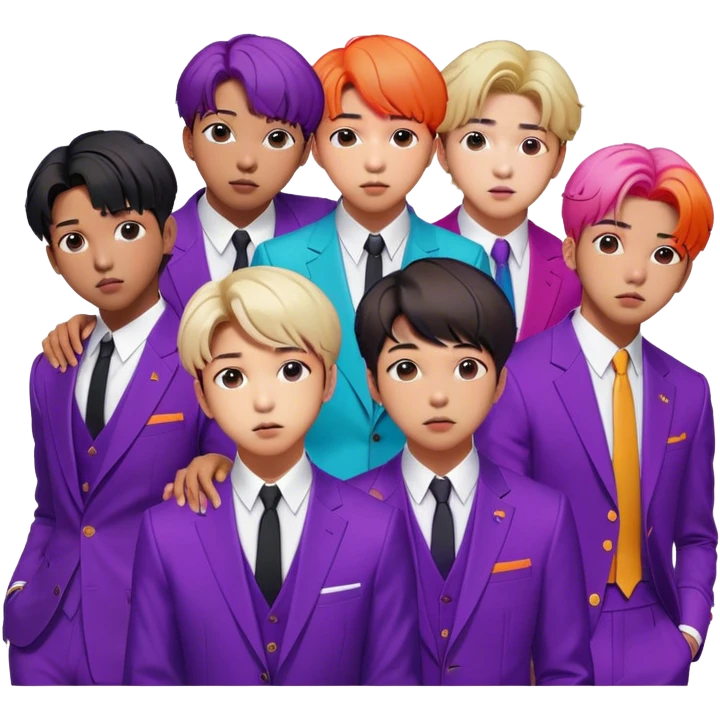 Cinematic Realistic group portrait of BTS featuring all 7 members in stylish modern attire, with detailed facial expressions and vibrant colors, captured in dynamic, contemporary lighting that emphasizes their global pop icon status emoji
