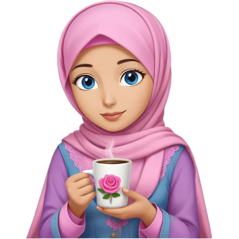 Turkish beautiful finish Konya girl blue eyes with pink and light purple denim hijab islamic dress and had on her hand Rose coffee   emoji