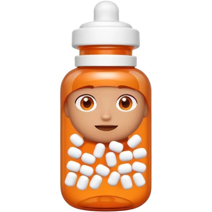 A 3D cartoon medicine bottle with orange transparent body and white cap, filled with pills, soft studio lighting, realistic Memoji-style. emoji
