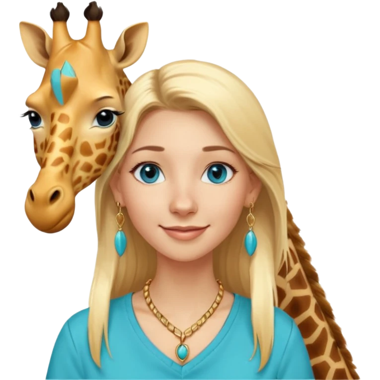Swedish girl blonde long straigt hair blue eyes turqoise shirt gold earings, girrafe necklace gold small, very long lashes smiling closed mouth,  emoji