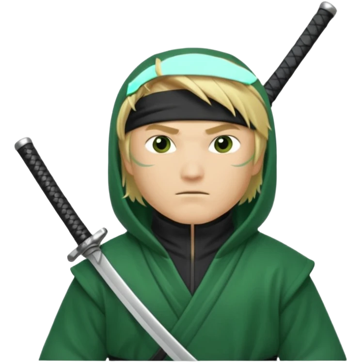 Green ninja Lloyd garmadon blonde hair, kaptur hoody on his head but blonde grzywka visible; the bottom left one is best (the one without miecze + black band + no mask of face) but add miecz; I want no band on head  emoji