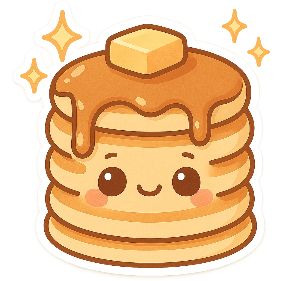 chibi sticker-style pancake stack with sparkles, cute and exaggerated emoji