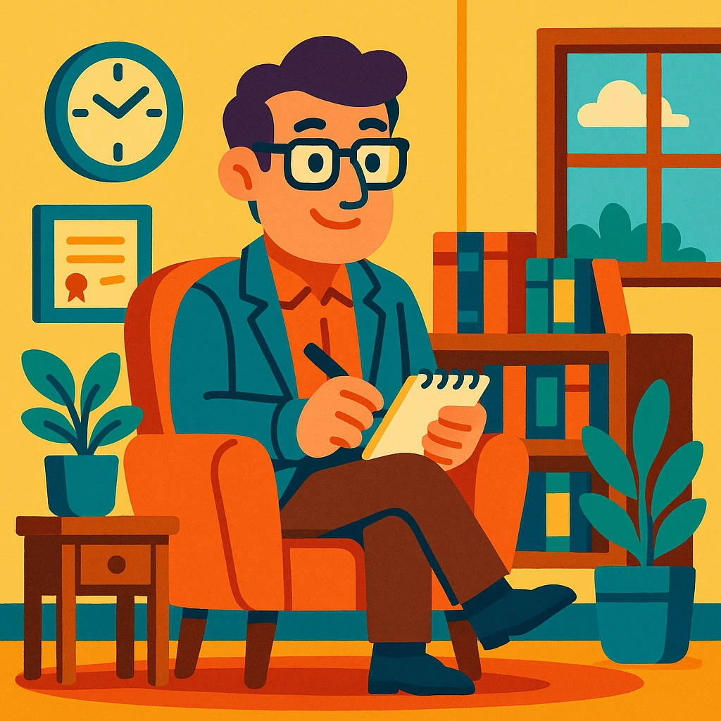therapist cartoon character with glasses and notepad, sitting in a cozy office emoji