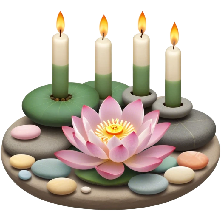 A photorealistic icon featuring lotus flowers, burning incense sticks, smooth round sea stones, and multiple small round candles arranged in a calming, tranquil setting. Soft, peaceful colors with detailed textures that evoke mindfulness and inner peace. Transparent background. emoji