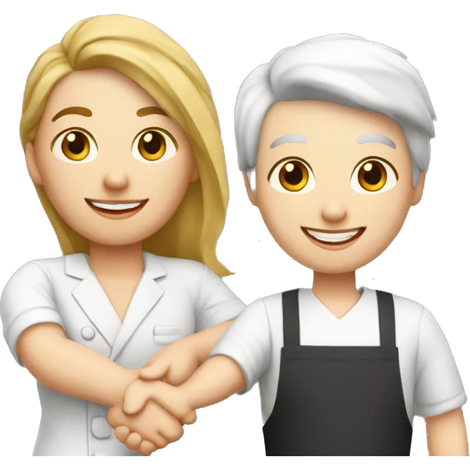 restaurant owner with white skin, and blogger with white skin, shaking hands in great detail emoji