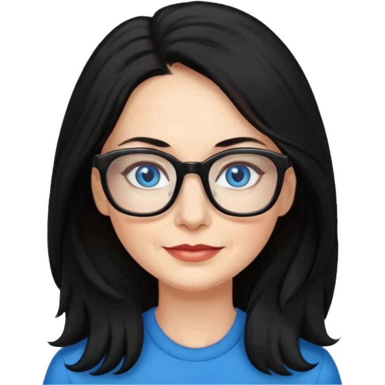 woman 50 years old, long and fluffy black hair, blue eyes, glasses emoji