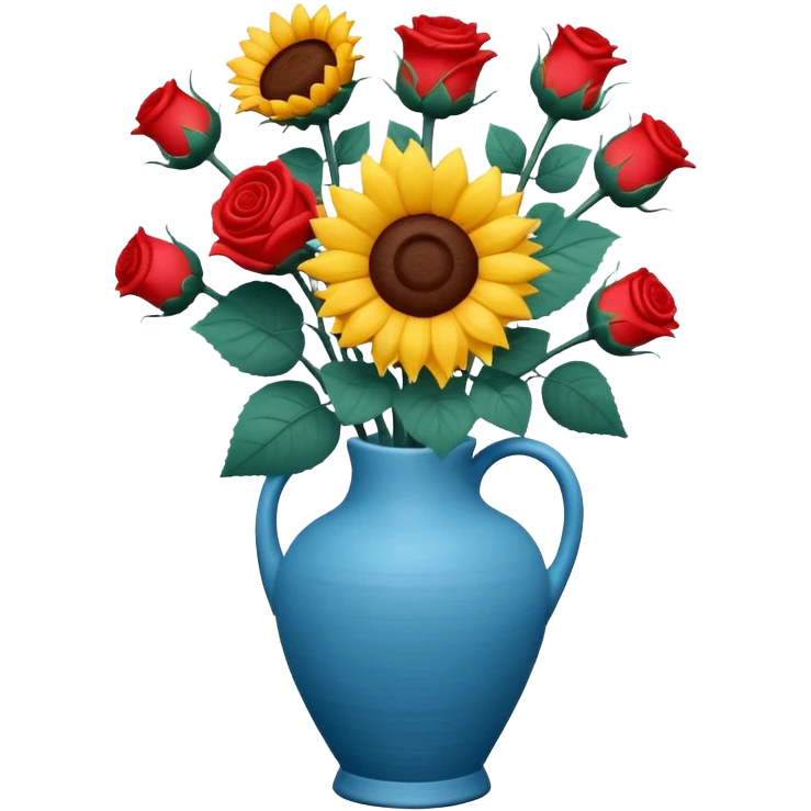 sunflowers and red roses bouquet in a ceramic blue vase, soft claymation realistic emoji