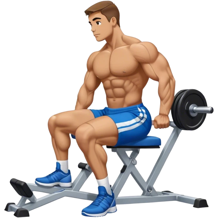 side-view bodybuilder in blue shorts seated weighted calf-raise machine on his tip toes emoji
