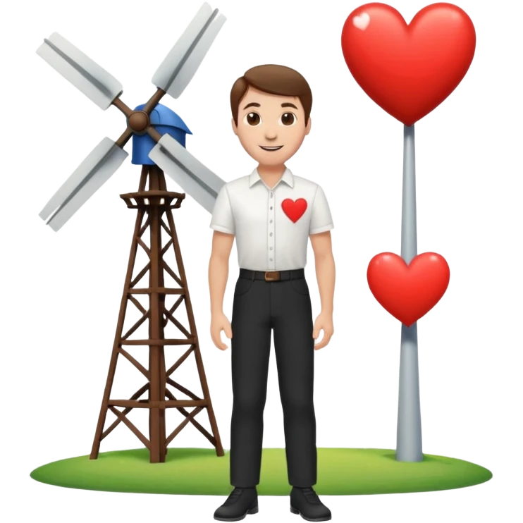 a white man with brown hair and a white shirt and black pants standing next to a windmill with a heart  emoji