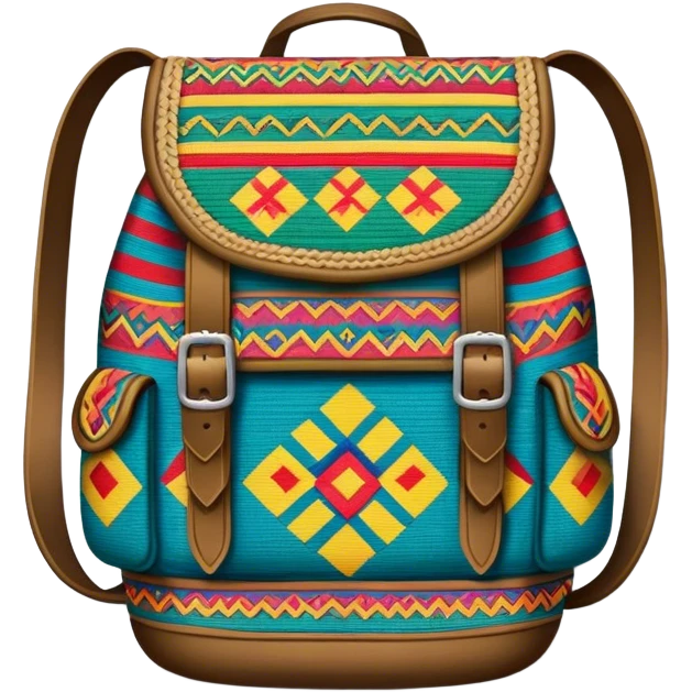 Cinematic Realistic image of a traditional Colombian mochila, rendered with detailed woven textures and vibrant patterns, set against a rustic backdrop with soft, cultural lighting emoji