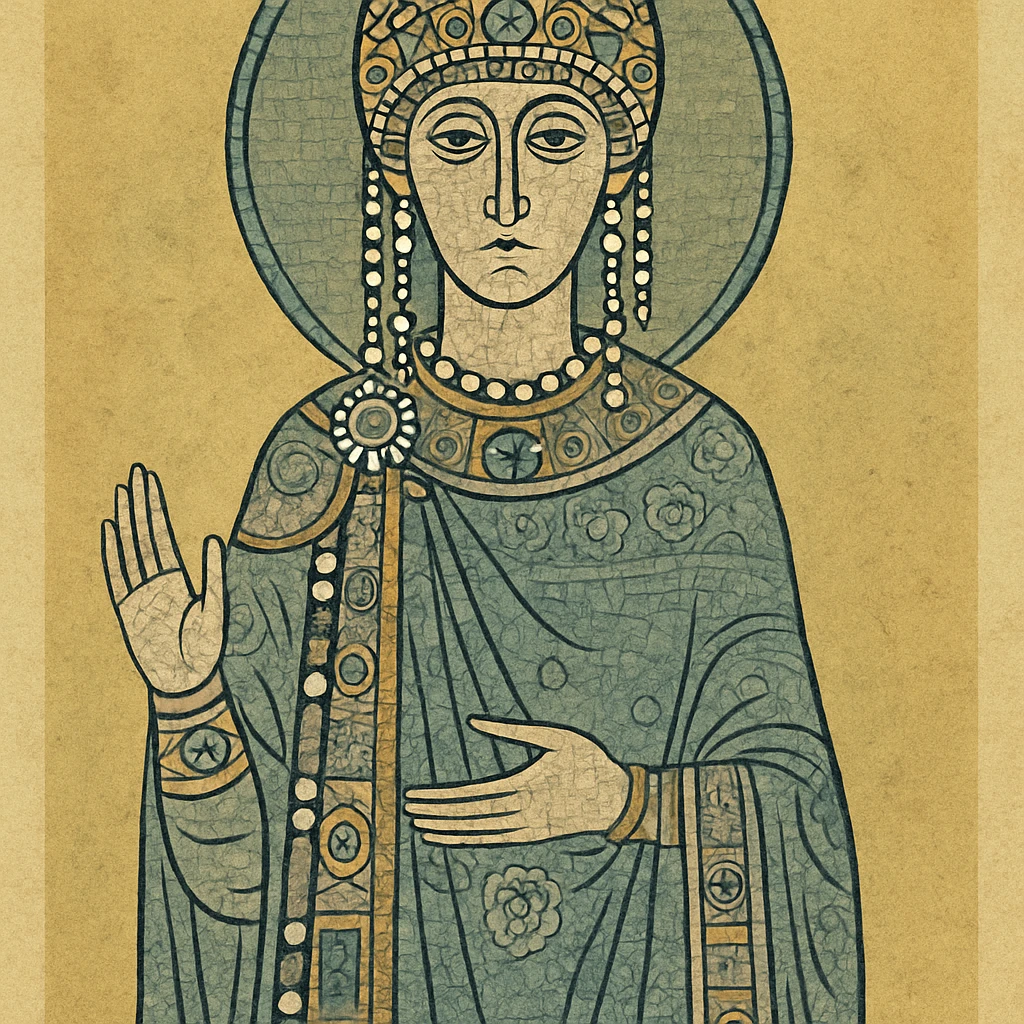 Empress Theodora in mosaic art style, inspired by Byzantine mosaics, regal and detailed, gold and jewel tones, intricate patterns, iconic headdress and robes emoji