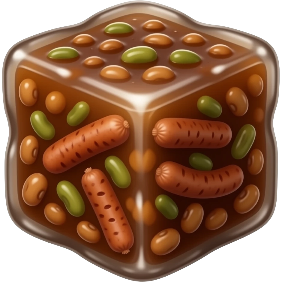 Bean stew but frozen in a cube. Blend the Cube with the bean stew. Add some beans and sausages. The ice cube should be the bean stew and there should be no ceramic. Get the outwards of the icecube to match the color of the inner stew content. Dark Brown toned emoji