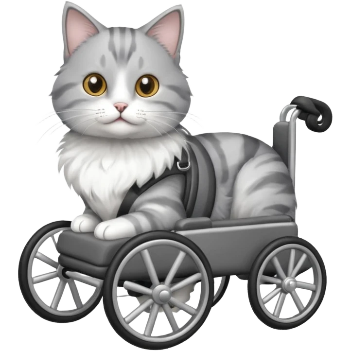 grey and white cat in a pet wheelchair emoji