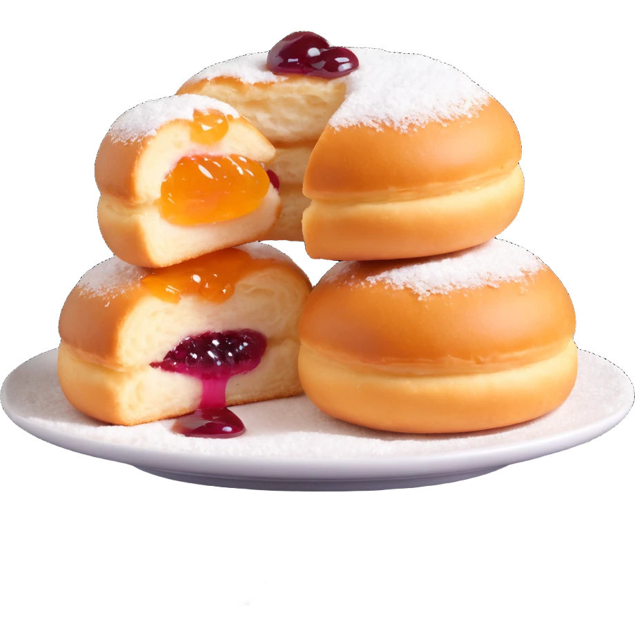 one Berliner Krapfen, round, golden-brown, no hole, thick layer of powdered sugar, jam filling peeking out emoji