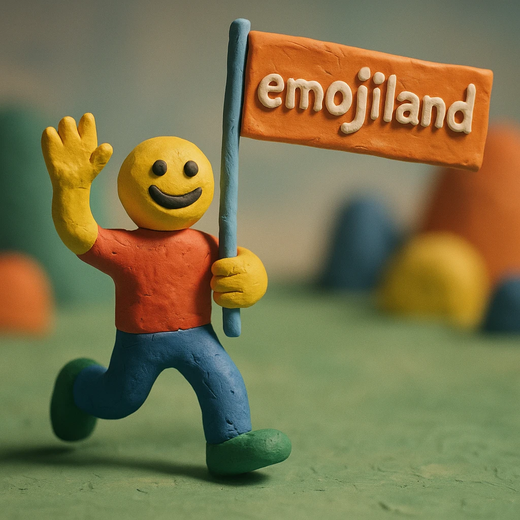 happy runner waving a flag that says 'emojiland' emoji