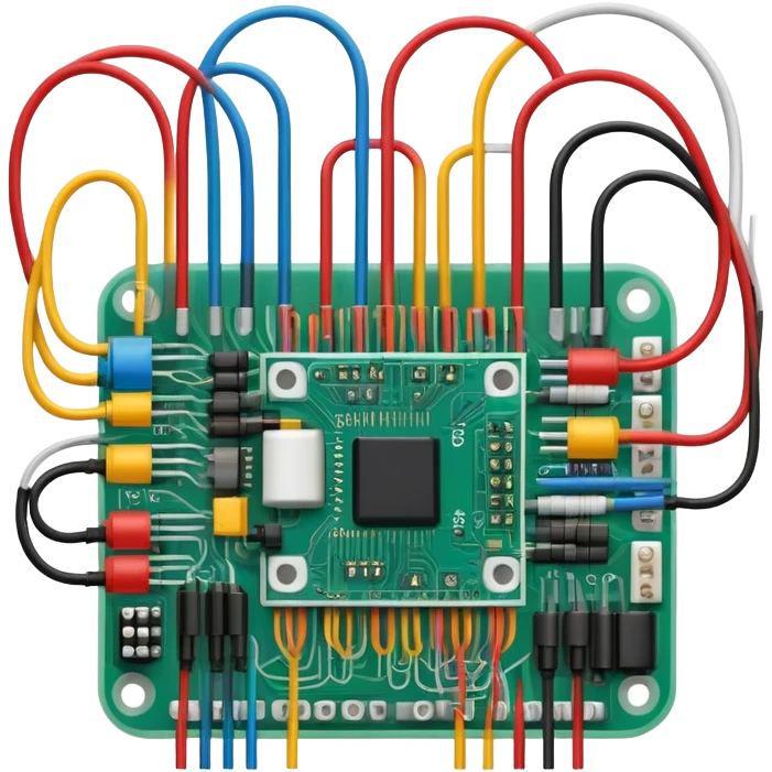 An icon featuring a circuit board, electrical wires, symbolizing electrical engineering. The design includes resistors, capacitors, and a power transformer, representing the study of electrical systems and innovation. Transparent background highlights modern electrical technology emoji