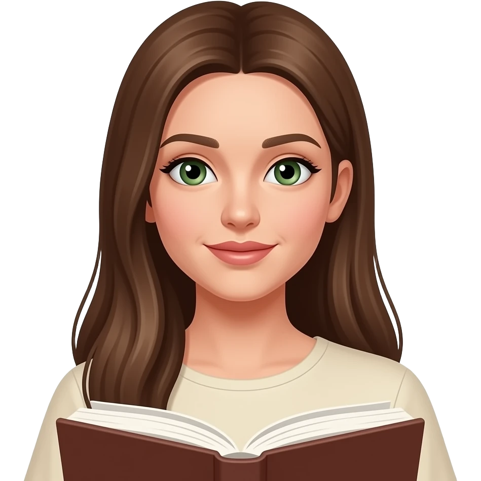 woman with green eyes and long brown hair straight really reading a book in a cream top emoji