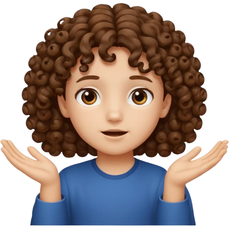 A kid with curly hair with both hands facing up saying 67 emoji