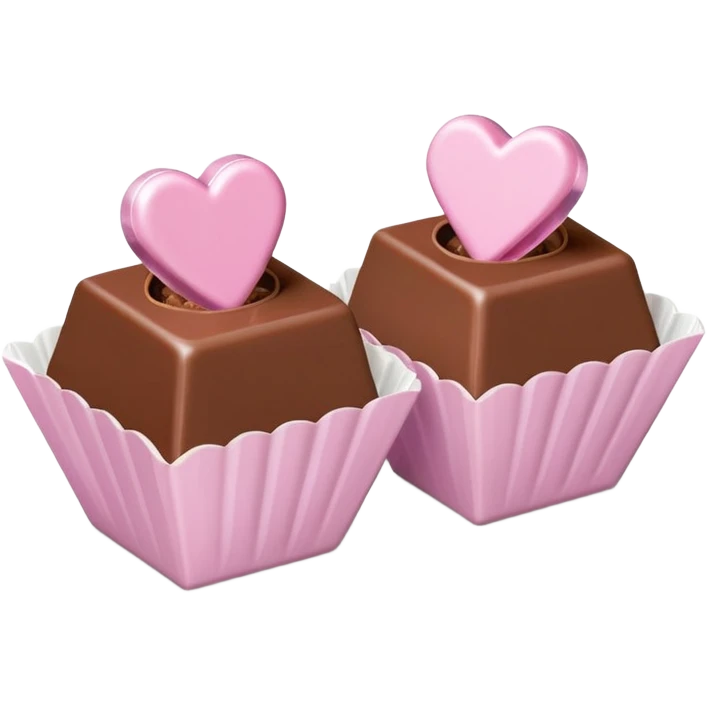 Two square milk chocolate Each of the two chocolates will have its own pralines only, Each praline is a sharp-edged cube with smooth glossy chocolate coating, placed in a small white fluted paper candy cup. On top of each cube is a flat pastel pink heart-shapedwith fine sugar crystal sparkle. emoji