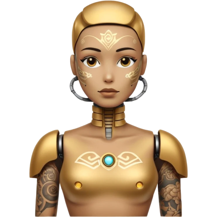 gold Tatooed robot with rada, big many tatooes on chest, neck and face, white tatoo on face emoji