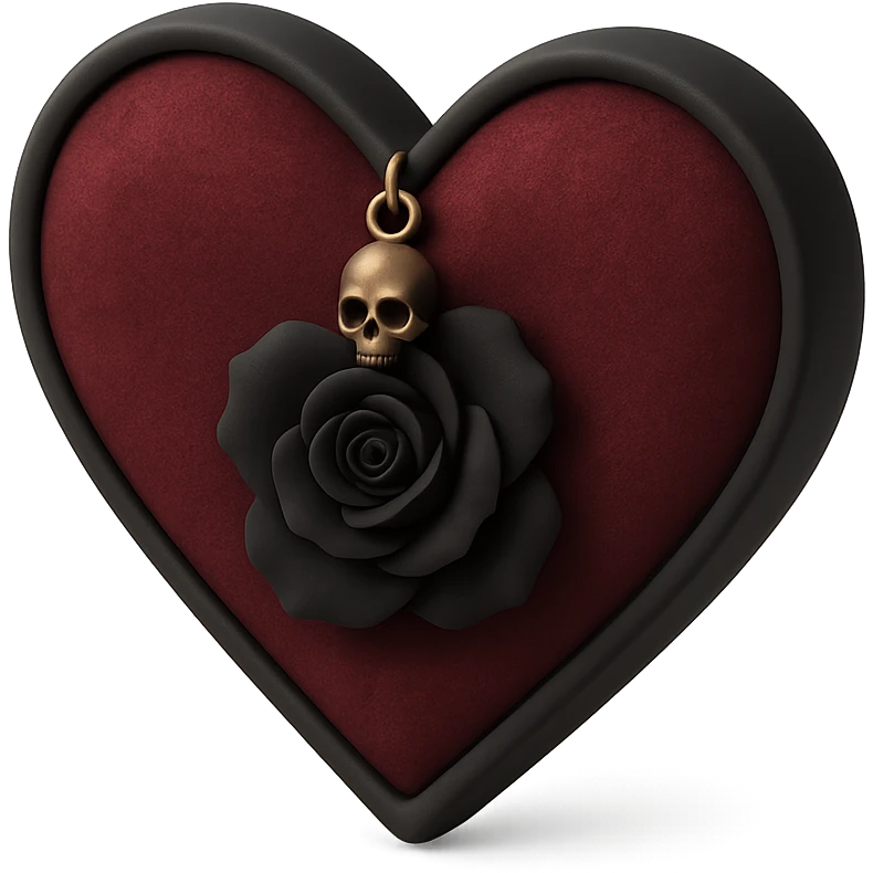 gothic heart in 3D black style, dark crimson velvet texture, silver skull charm, black rose center, lush and gothic emoji