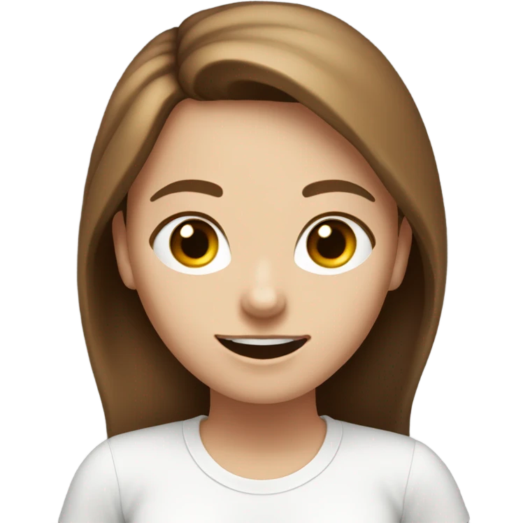 a white girl with brown hair wairing white t shert exprition happy emoji
