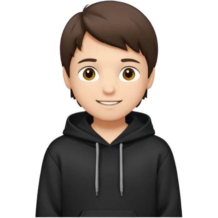 A brunette boy, short straight hair, light brown eyes, with a black sweatshirt with a hoodie, and smile  emoji