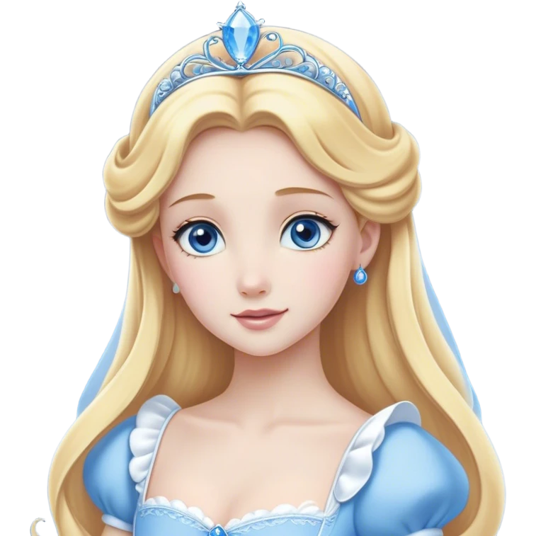 Cinematic Elegant Cinderella Portrait Emoji, Graceful and poised in her classic maid attire, golden locks cascading softly, bright blue eyes full of hope, a gentle glow of kindness and determination, delicate and humble yet undeniably beautiful, evoking the moment before her magical transformation, pure enchantment in her gaze! emoji
