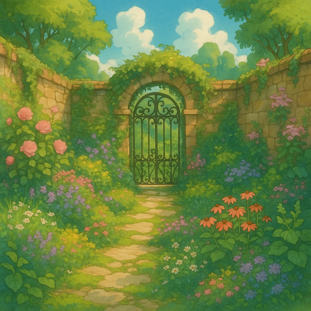 ghibli style walled garden, lush and magical emoji
