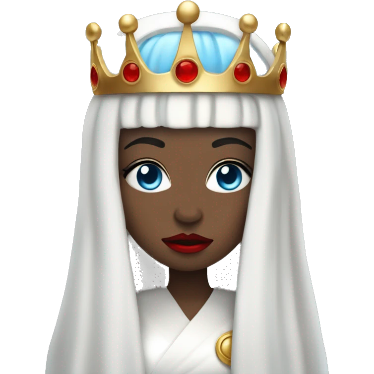 Queen with pale white skin, evil stare, icy blue eyes, bright red lips, long black hair, gold crown, and white robes. emoji