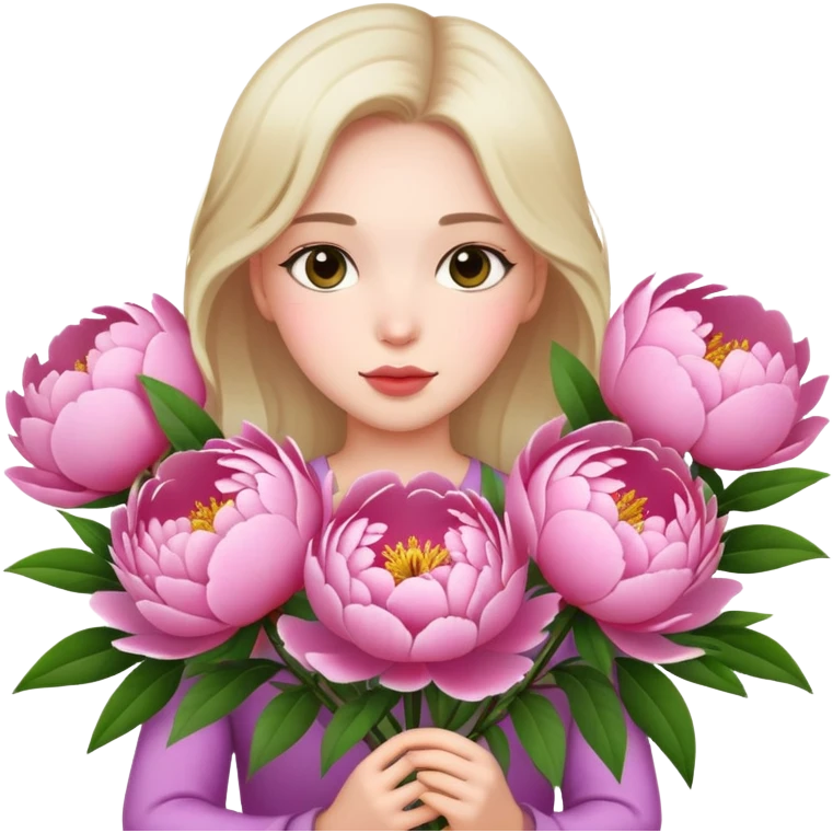Upper body photo of a beautiful girl holding many peony flowers emoji