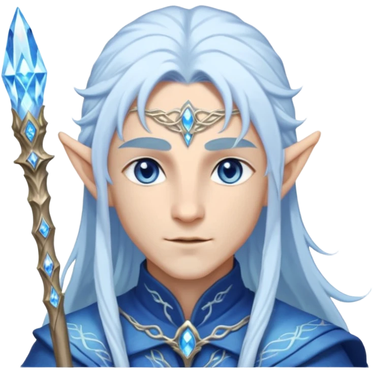Legendary fantasy Christmas elf portrait icon, Santa Claus and Snow Maiden inspired, ancient winter spirit style, long flowing white-blue hair, glowing frost eyes, crystal staff, elegant elven features, divine winter magic aura, icy silver color palette, highly detailed but clean emoji icon male emoji