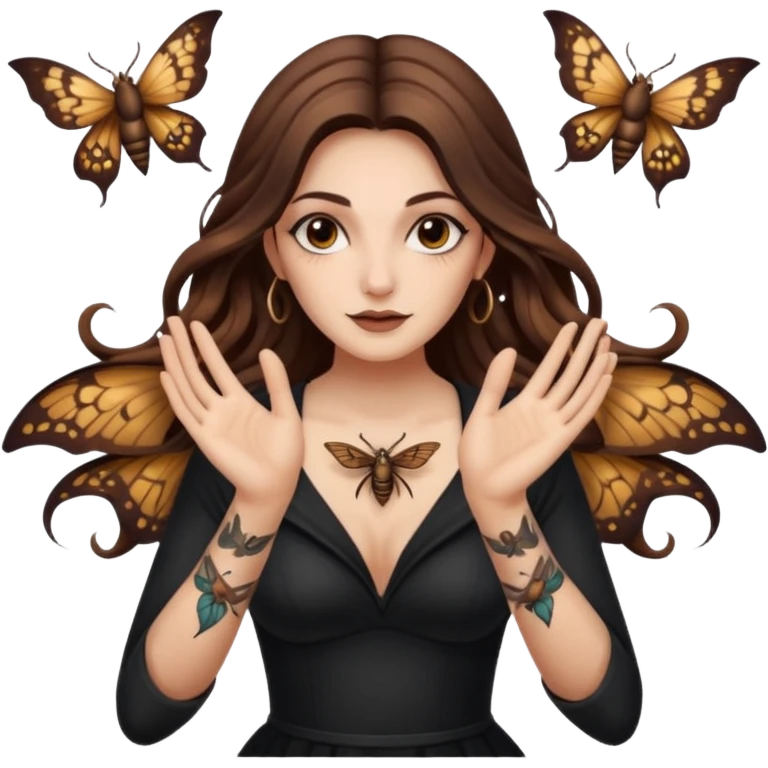 night witch woman long wavy brown hair tattoos spinning moth from fingers emoji