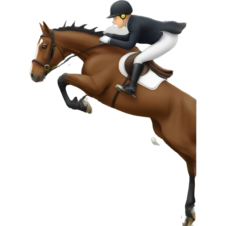 Warmblood horse jumping over a grand prix obstacle with a rider in competition attire riding it  emoji