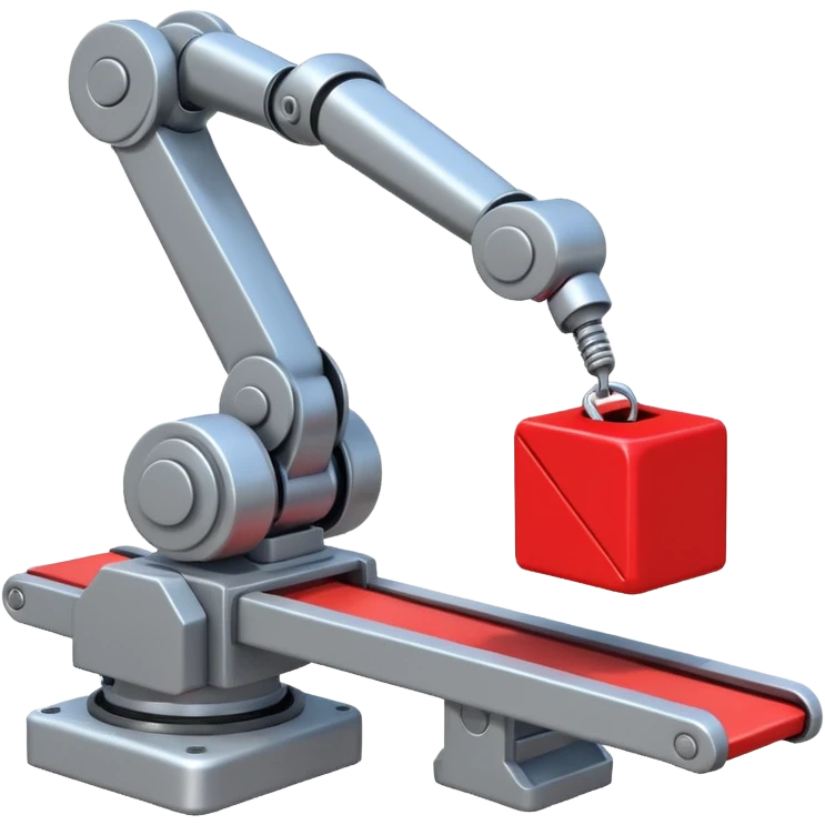 robot arm which is picking block on conveyor belt emoji