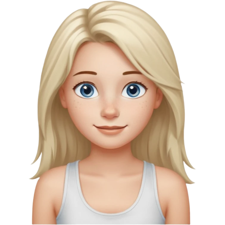 Una chica de tez blanca con pecas, nariz respingada, labios gruesos, ojos grandes color azul grisáceo, pelo largo, lacio, color avellana. Con una blusa de tirantes blanca. Que este sonriendo y q solo se vea de la cintura hacía arriba emoji