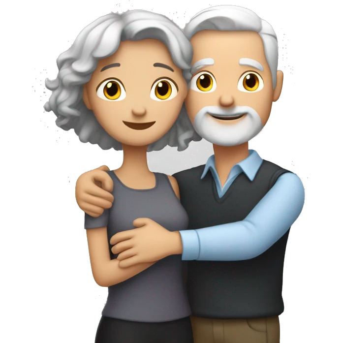 Couple hug. White man with grey hair and light tinted woma with black hair emoji