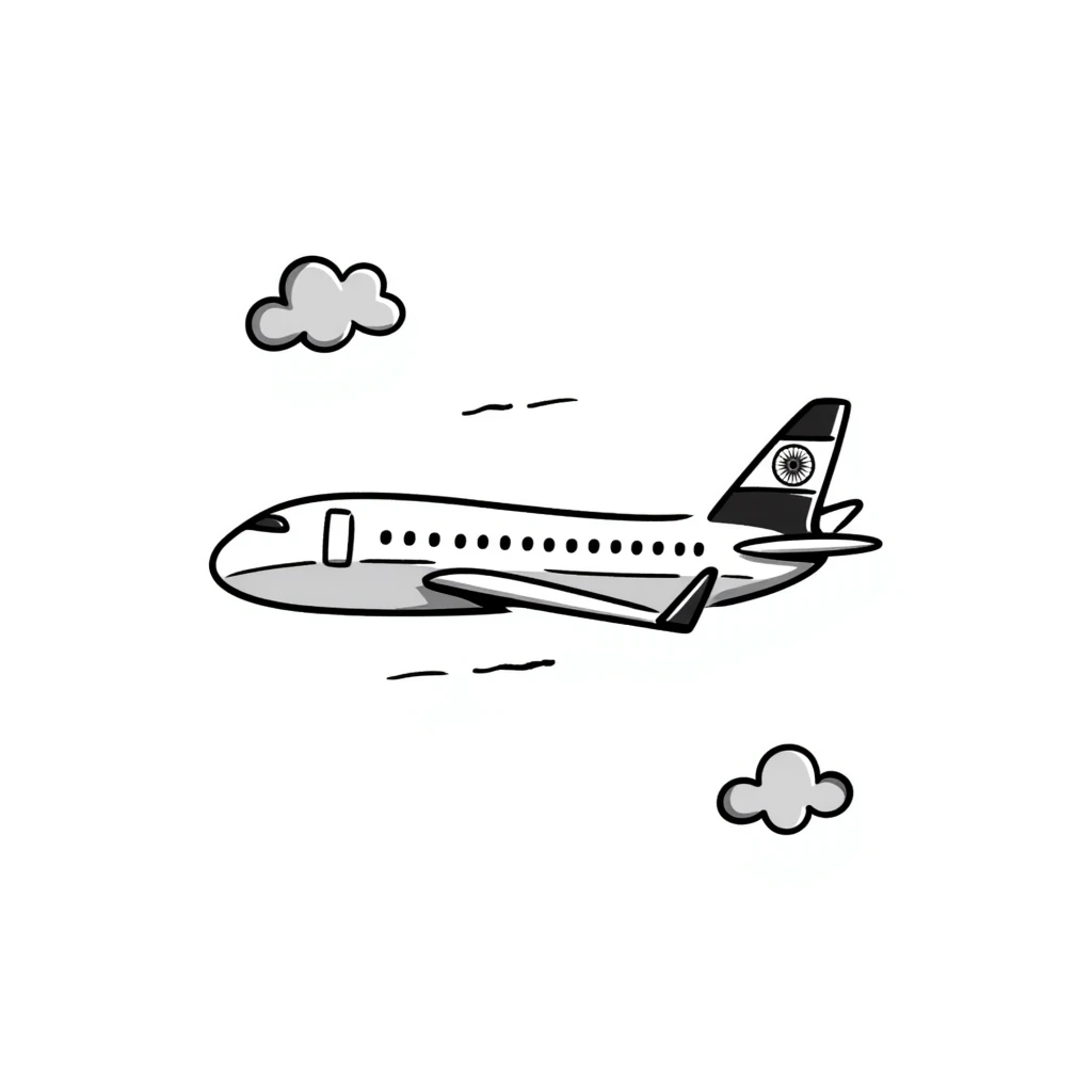doodle style airplane with India flag and hand-drawn clouds emoji