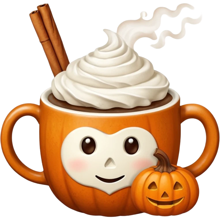 Steaming coffee Mug with whipped Cream and cinnamon Dust on Cream.  Small Punkin and 3 sticks of cinnamon next to mug emoji