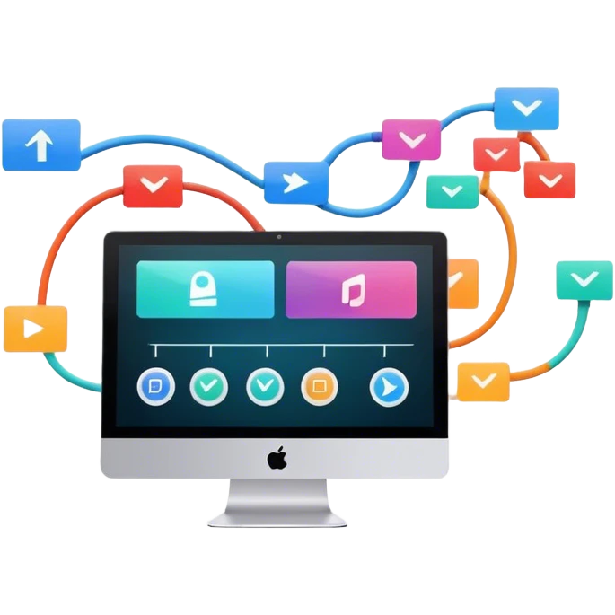 Animation and motion design. Show a computer screen with an animation timeline, moving frames, and a play button. Include motion design elements like flowing lines, curves, or rotating objects. Modern, creative colors. No emojis or smiley faces. Transparent background. emoji